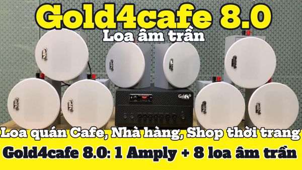 [Diện tích 120m2 + 2 Kênh] Gold4cafe_TH 8.0 (01 Amply + 8 loa âm trần), loa được thiết kế riêng cho quán, bật lớn không tạp âm, bảo hành dài hạn 5 năm.