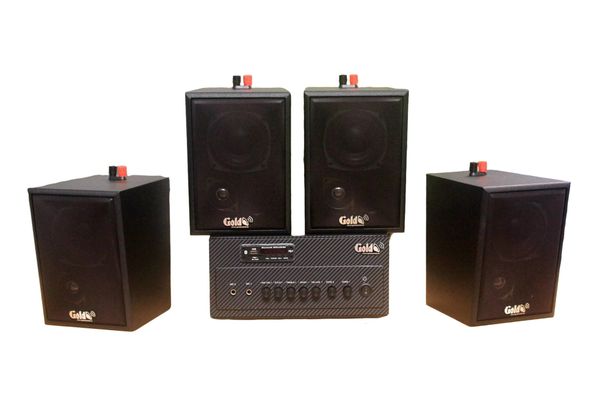 Dàn loa treo tường: Amply A384 Goldsound 2 vùng âm lượng 380w + 4 loa Goldsound V25C, loa được thiết kế riêng cho quán, bật lớn không tạp âm, miễn phí công lắp đặt, bảo hành dài hạn 5 năm.