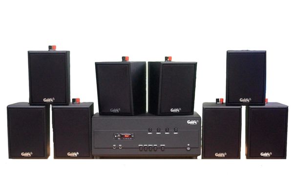 [Diện tích 160m2 + 4 Kênh] A384PU_TH-4K Goldsound 4 vùng âm lượng 800w + 8 loa Goldsound V25C_TH, Amply 4 - 6 vùng âm lượng, loa được thiết kế riêng cho quán, bật lớn không tạp âm, miễn phí công lắp đặt, bảo hành dài hạn 5 năm.