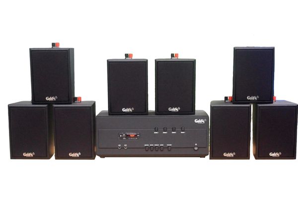 [Diện tích 160m2 + 4 Kênh] A384PU-4K Goldsound 4 vùng âm lượng 800w + 8 loa Goldsound V25C, Amply 4 - 6 vùng âm lượng, loa được thiết kế riêng cho quán, bật lớn không tạp âm, miễn phí công lắp đặt, bảo hành dài hạn 5 năm.
