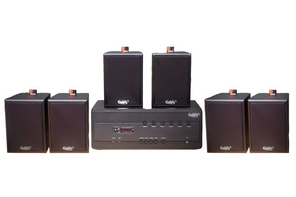 Dàn loa treo tường: Amply A384PU-6K Goldsound 6 vùng âm lượng 1200w + 6 loa Goldsound V25C, Amply 4 - 6 vùng âm lượng, loa được thiết kế riêng cho quán, bật lớn không tạp âm, miễn phí công lắp đặt, bảo hành dài hạn 5 năm.