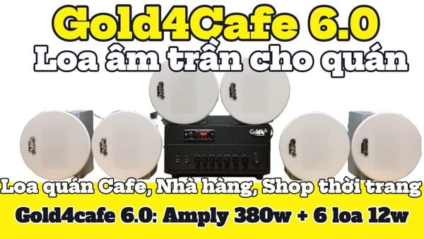 [Diện tích 100m2 + 2 Kênh] Gold4cafe_TH 6.0 (01 amply + 06 loa âm trần), Amply 2 vùng âm lượng, loa được thiết kế riêng cho quán, bật lớn không tạp âm, bảo hành dài hạn 5 năm.