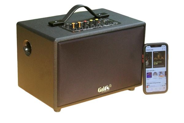 Loa Goldsound G24, công suất 80w, Bass 4 inch, Tress 3 inch, 2 cổng micro, Bluetooth 5.0, thiết kế loa thùng gỗ cao 20 cm, rộng 20 cm, sâu 32 cm