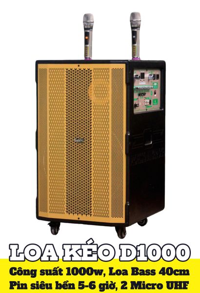 Loa kéo D1000 Goldsound (Bass 40cm, 1000w, kèm 2 Micro, pin 5-6H)