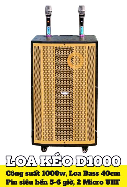 Loa kéo D1000 Goldsound (Bass 40cm, 1000w, kèm 2 Micro, pin 5-6H)