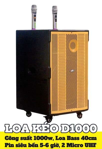 Loa kéo D1000 Goldsound (Bass 40cm, 1000w, kèm 2 Micro, pin 5-6H)