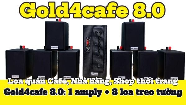 Dàn loa thông báo phát nhạc nền tự động Gold4cafe_SG 8.0 (01 Amply + 08 loa treo tường), Amply 2 vùng âm lượng, loa được thiết kế riêng cho quán, bật lớn không tạp âm, bảo hành dài hạn 5 năm.