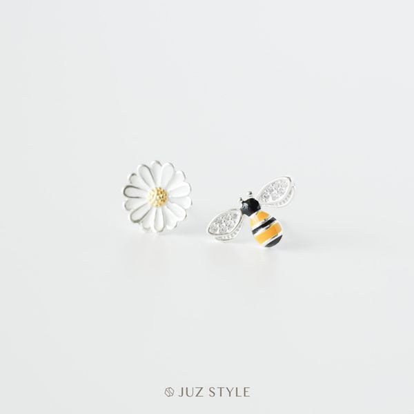  Bông tai bạc Bee with flower 