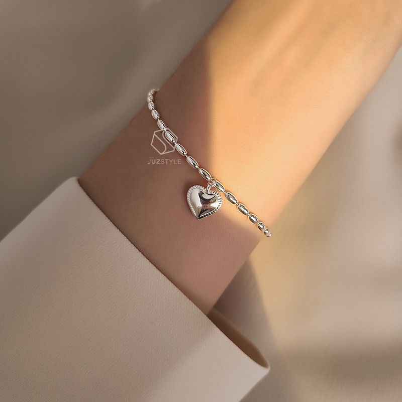  Lắc tay bạc Oval ball chain with heart tag 