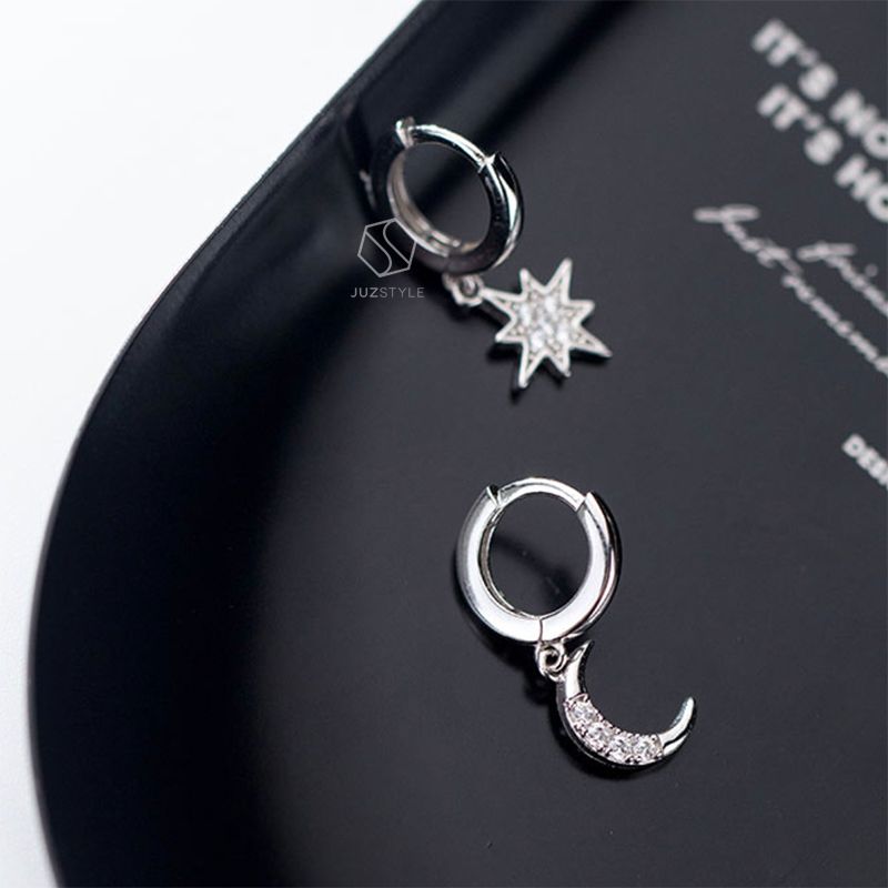  Bông tai bạc Cz star & crescent hoop 