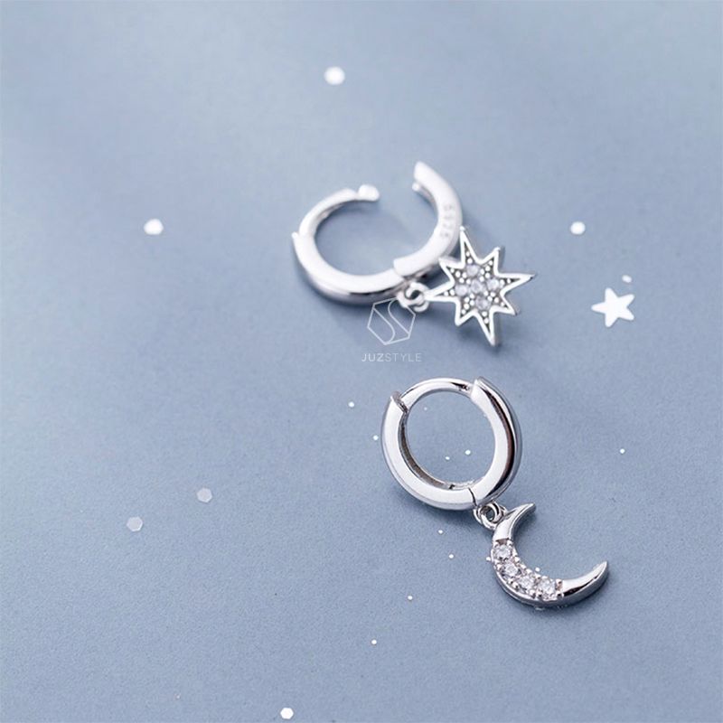  Bông tai bạc Cz star & crescent hoop 