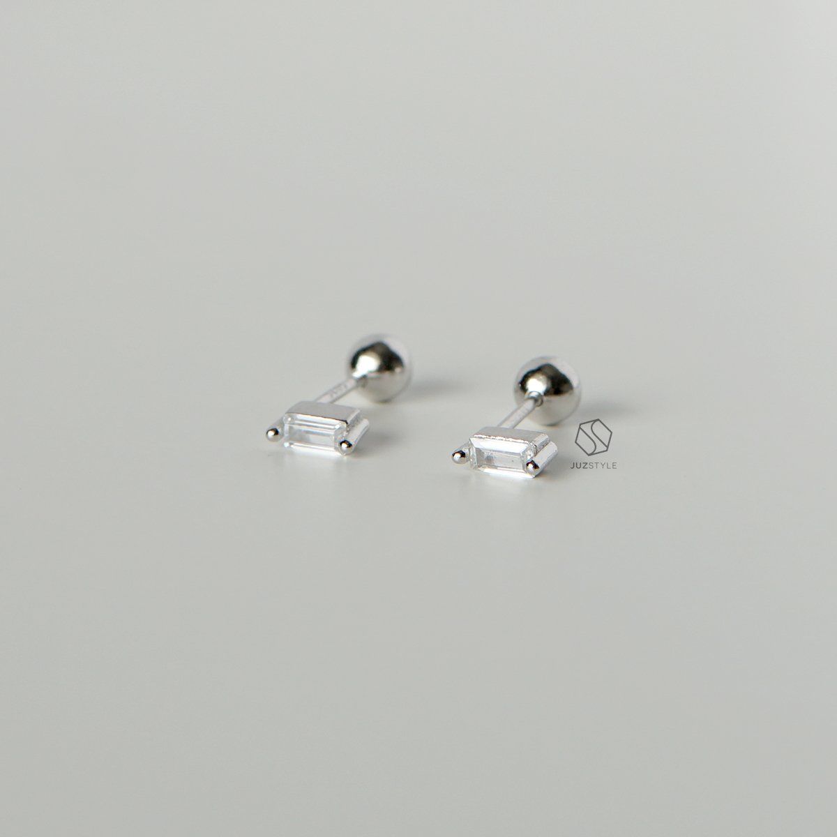  Bông tai bạc Baguette CZ ball stud 