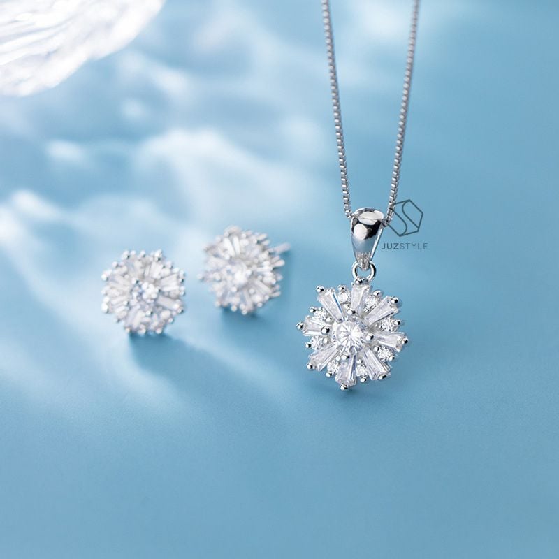  Dây chuyền & bông tai bạc Snowflake CZ 