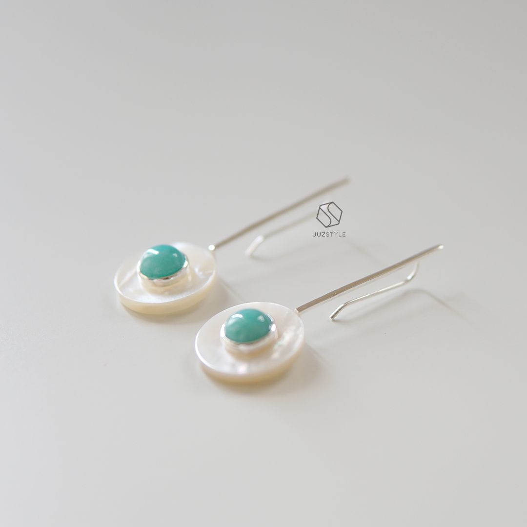  Bông tai bạc mix vỏ sỏ và đá Amazonite 