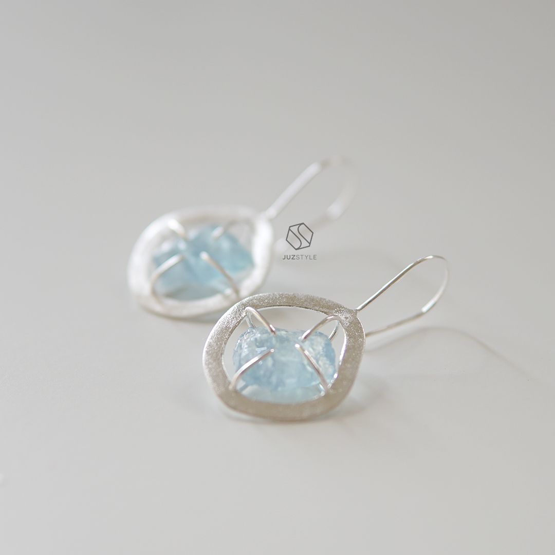  Bông tai bạc đá Aquamarine thô 