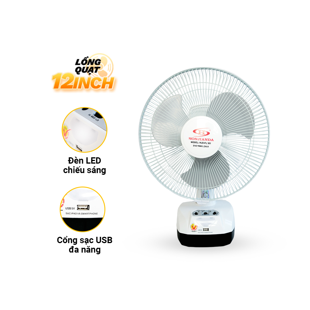 Quạt sạc tích điện Honjianda 12 inch FL301 - đèn LED hỗ trợ