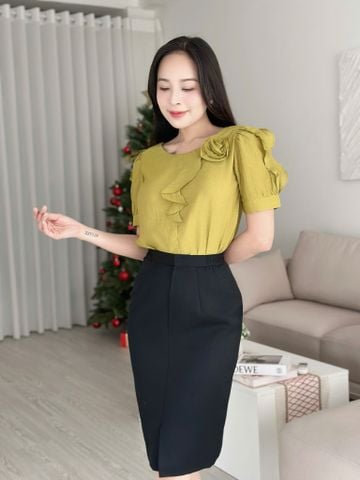  Áo kiểu công sở dáng suông bông hồng bèo ngực thời trang Eden - ASM257 