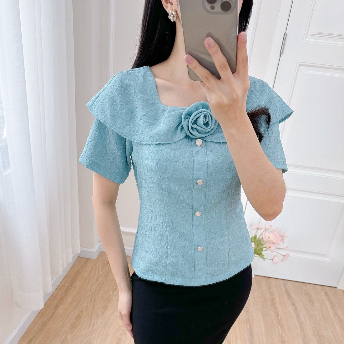Áo kiểu nữ công sở cổ vuông tay ngắn phối hoa thời trang Eden - ASM239