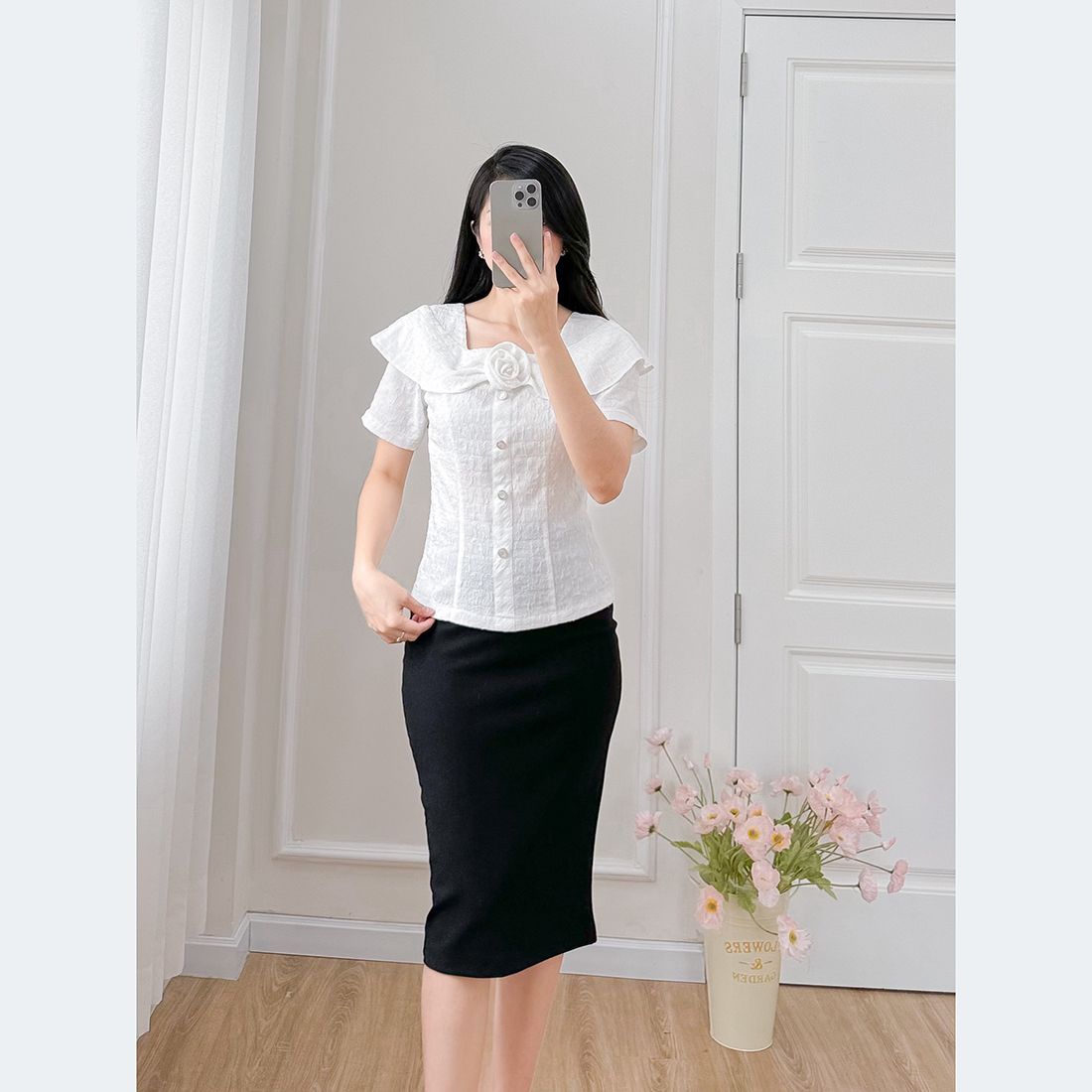 Áo kiểu nữ công sở cổ vuông tay ngắn phối hoa thời trang Eden - ASM239
