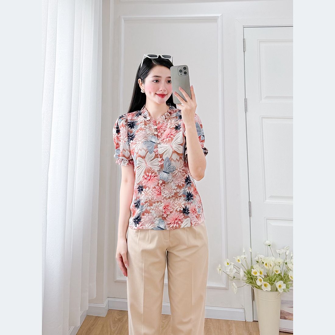 Áo kiểu nữ dáng suông công sở họa tiết hoa 3d thời trang Eden - ASM249