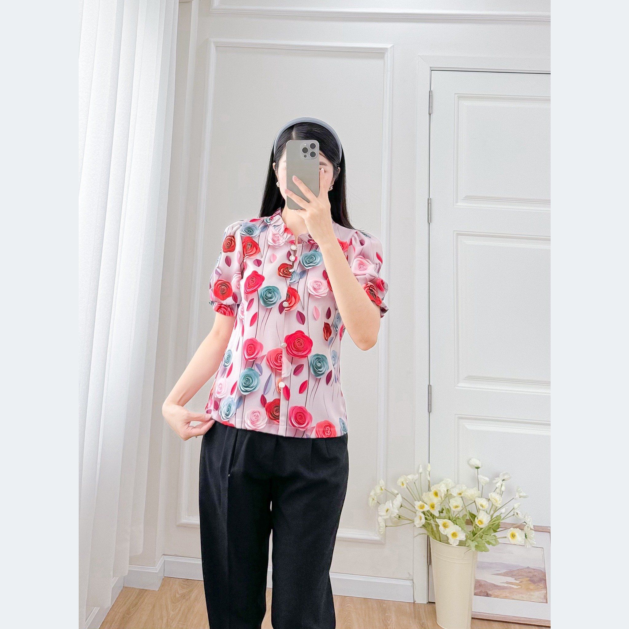 Áo kiểu nữ dáng suông công sở họa tiết hoa 3d thời trang Eden - ASM249
