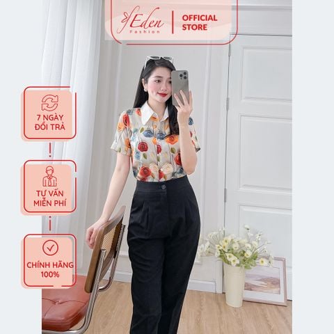  Áo kiểu nữ công sở dáng suông họa tiết hoa 3d cổ phối màu thời trang Eden - ASM244 