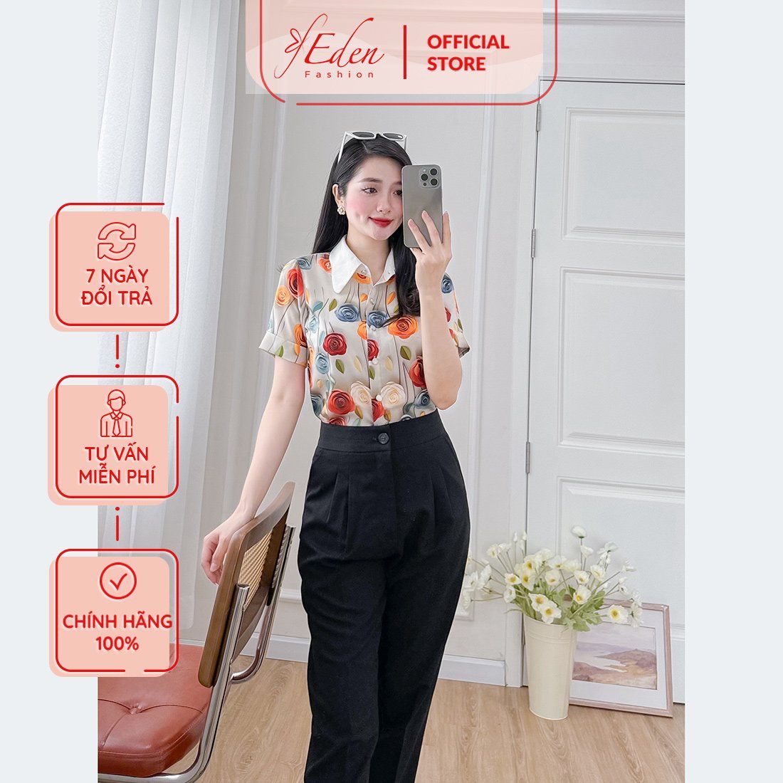 Áo kiểu nữ công sở dáng suông họa tiết hoa 3d cổ phối màu thời trang Eden - ASM244
