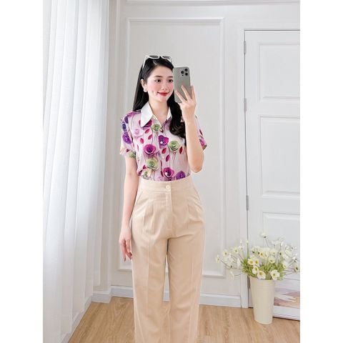  Áo kiểu nữ công sở dáng suông họa tiết hoa 3d cổ phối màu thời trang Eden - ASM244 