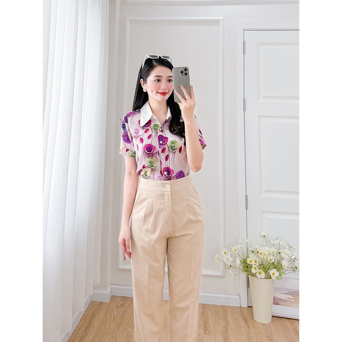Áo kiểu nữ công sở dáng suông họa tiết hoa 3d cổ phối màu thời trang Eden - ASM244