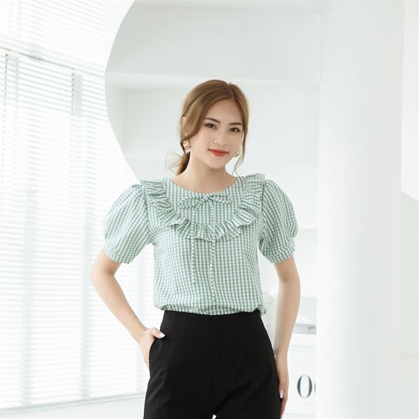 Áo kiểu nữ caro cổ bèo thời trang Eden - ASM165