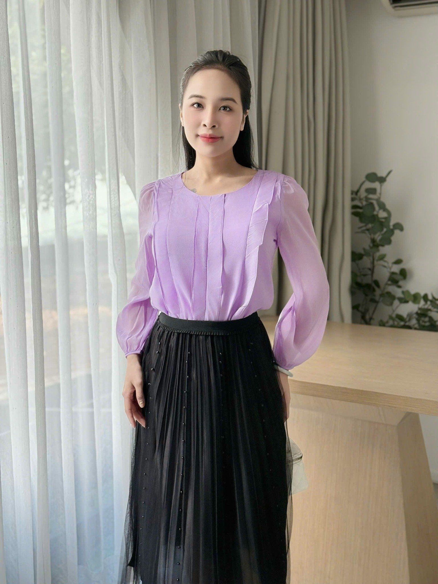Áo công sở tay dài cổ tròn thời trang Eden - ASM260