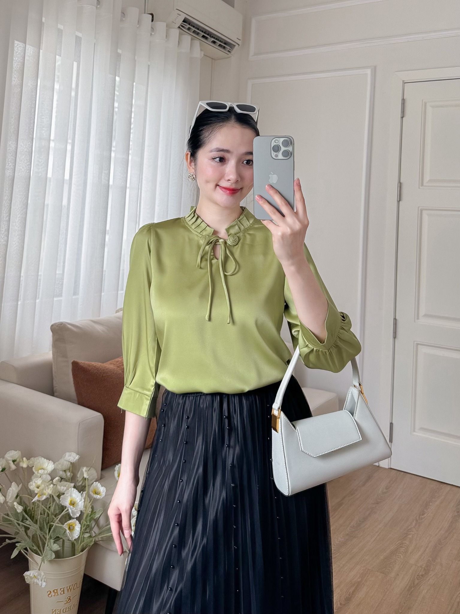 Áo công sở tay lỡ cổ nhún phối nơ thời trang Eden – ASM265