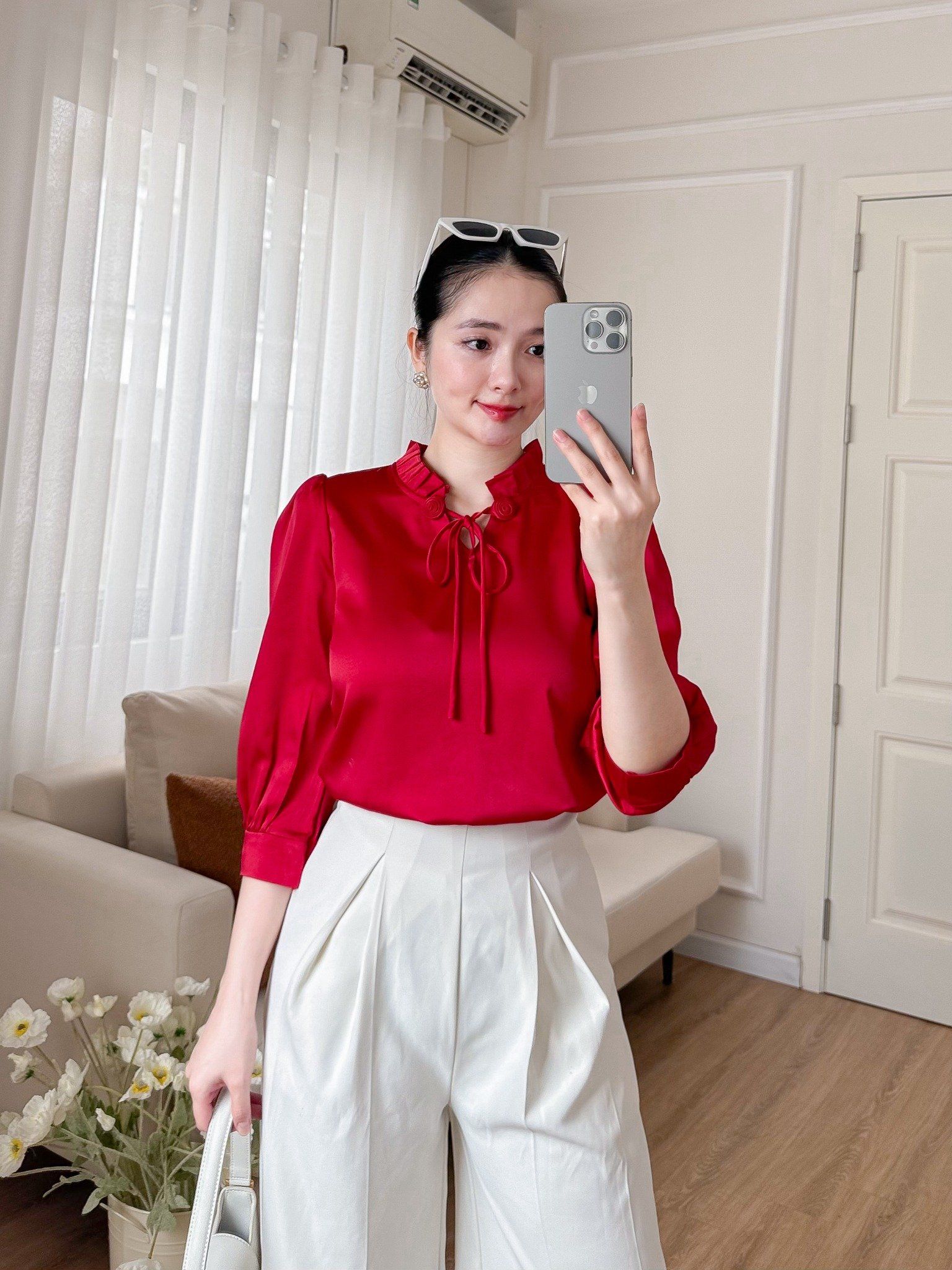 Áo công sở tay lỡ cổ nhún phối nơ thời trang Eden – ASM265