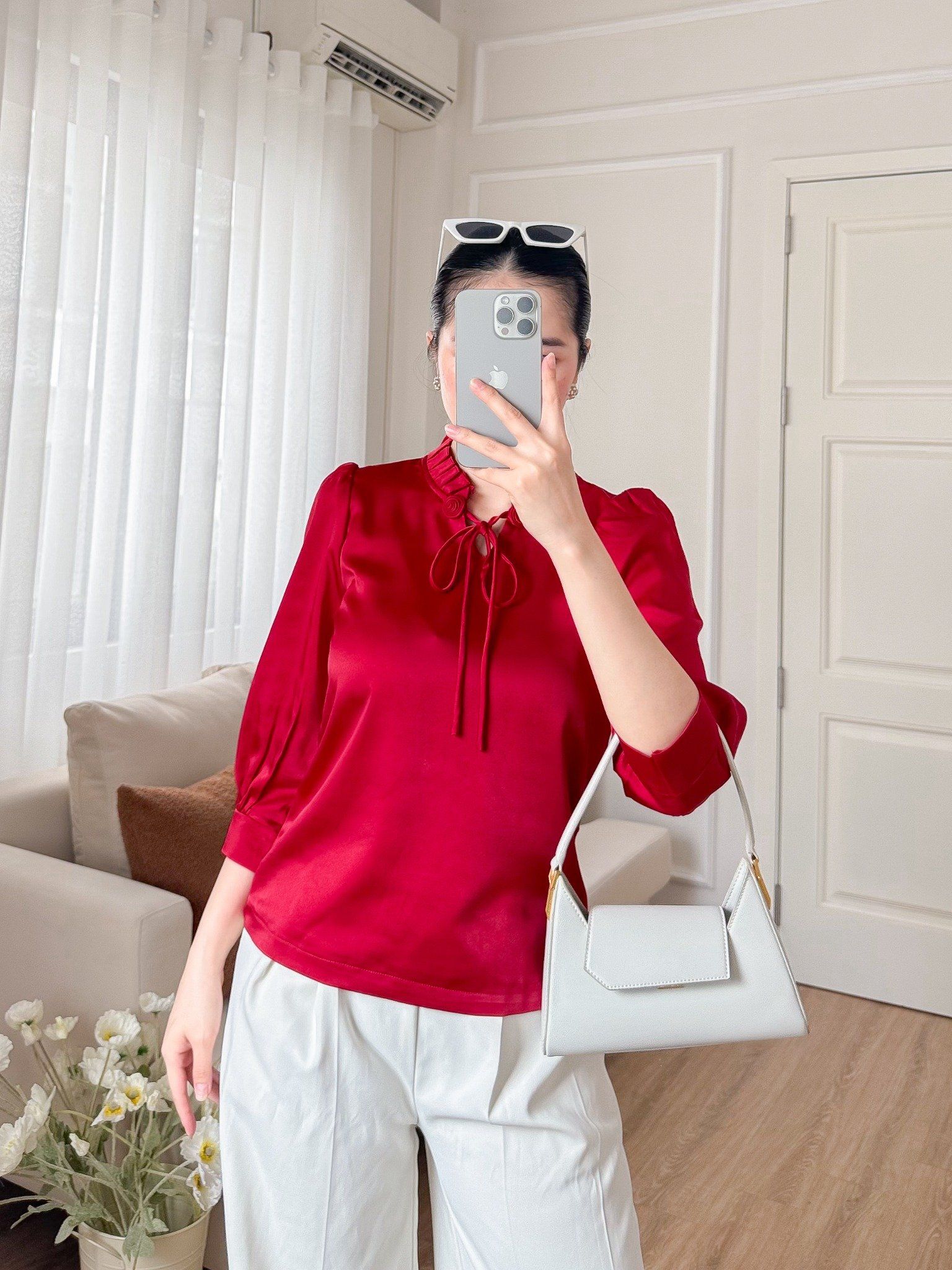 Áo công sở tay lỡ cổ nhún phối nơ thời trang Eden – ASM265