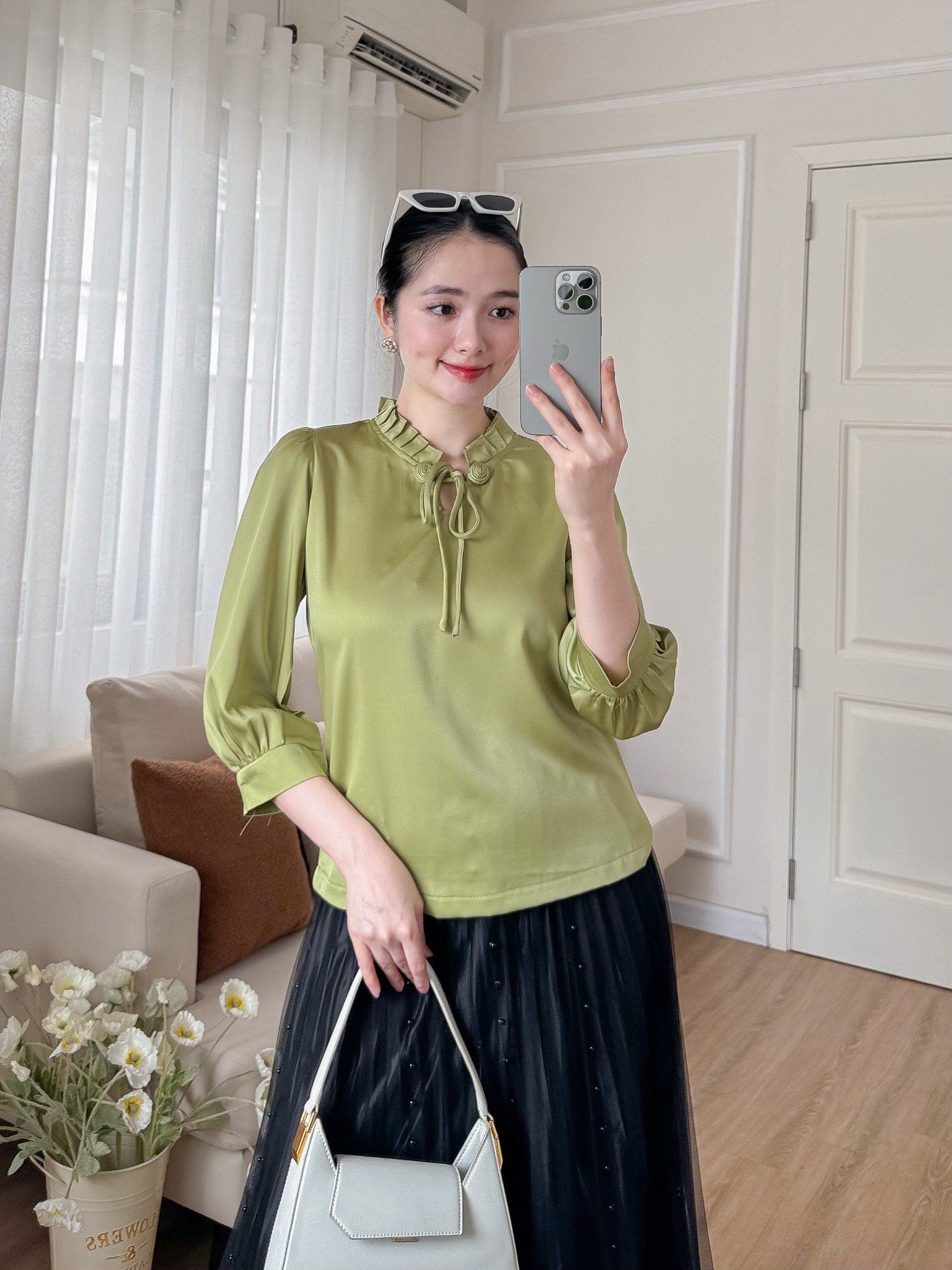 Áo công sở tay lỡ cổ nhún phối nơ thời trang Eden – ASM265