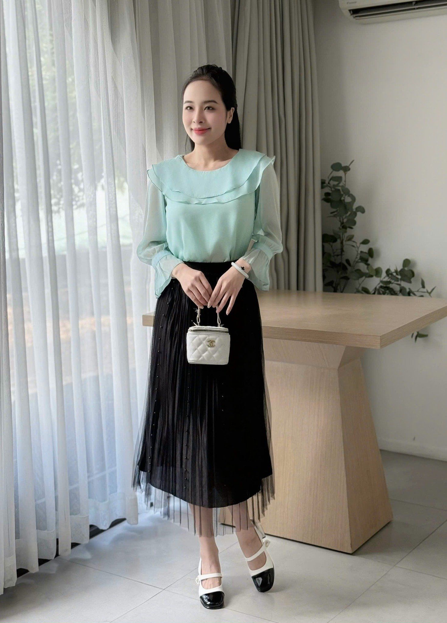 Áo công sở tay lỡ cổ tròn bèo hai lớp thời trang Eden - ASM259