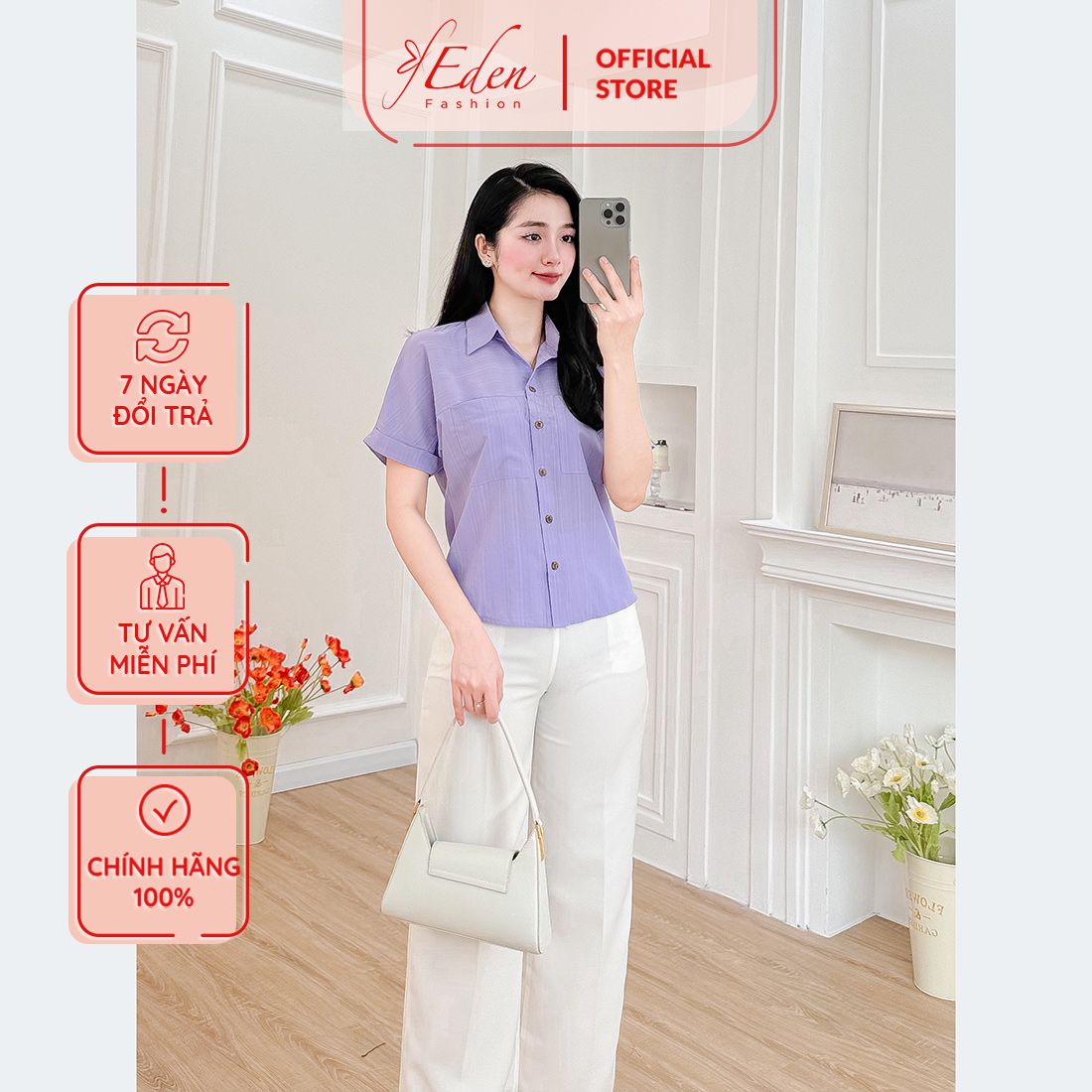 Áo kiểu cổ sơ mi phối túi thời trang Eden - ASM236