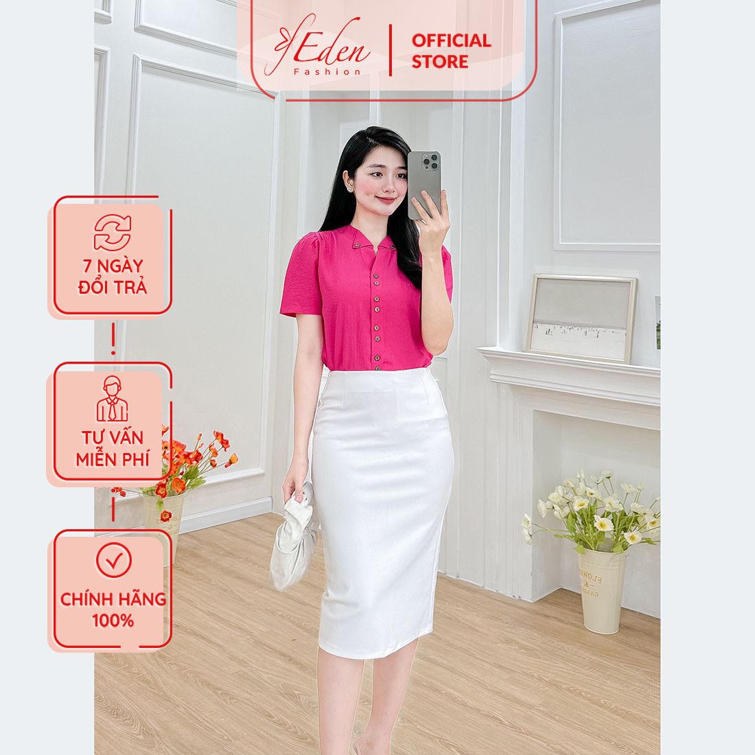 Áo kiểu cổ v cách điệu tay ngắn phối nút - ASM234