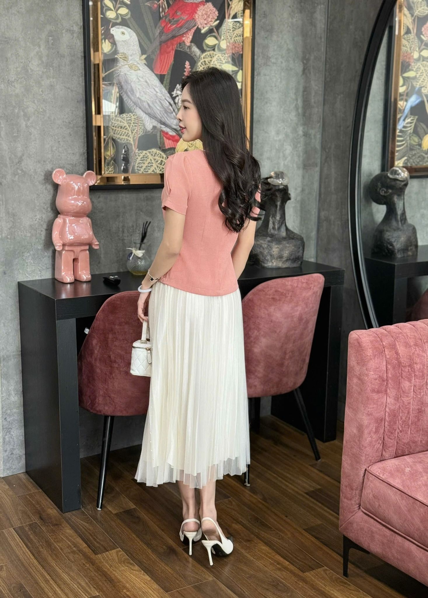 Áo kiểu công sở cổ lệch tay phồng phối hoa thời trang Eden - ASM262