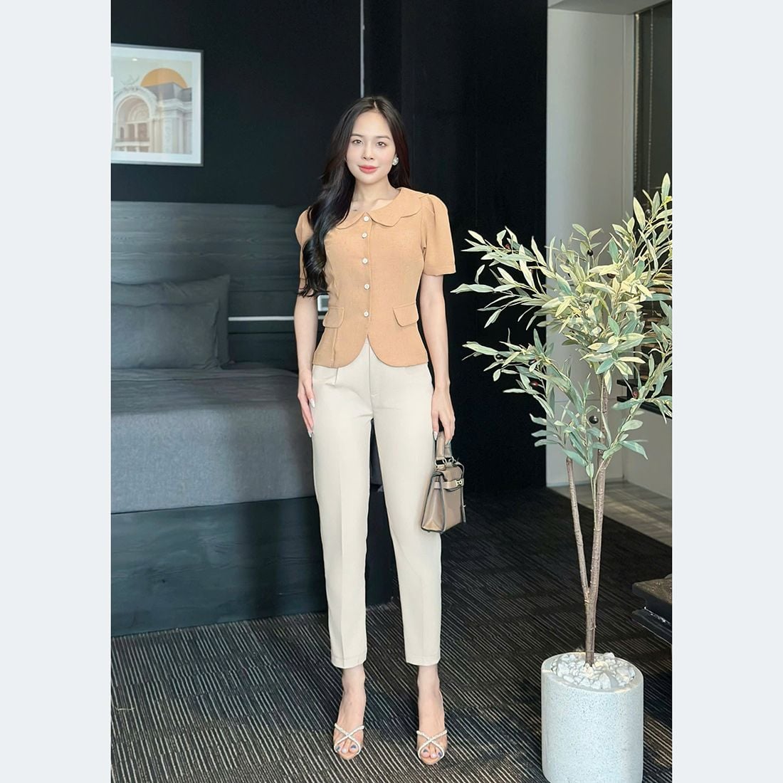 Áo kiểu công sở cổ sen vạt bầu thời trang Eden - ASM250