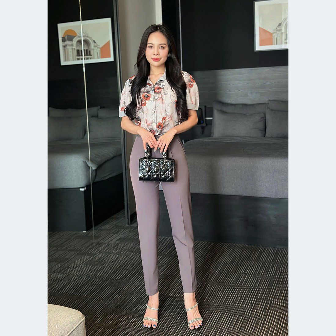 Áo kiểu công sở cổ sơ mi in họa tiết 3d thời trang Eden - ASM253