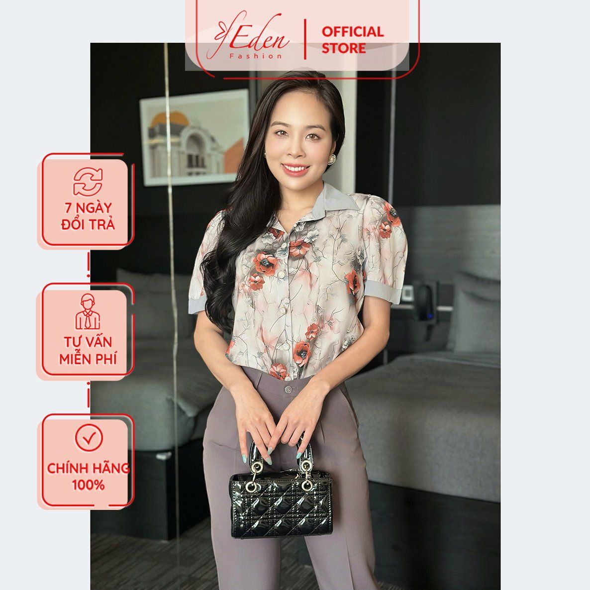 Áo kiểu công sở cổ sơ mi in họa tiết 3d thời trang Eden - ASM253