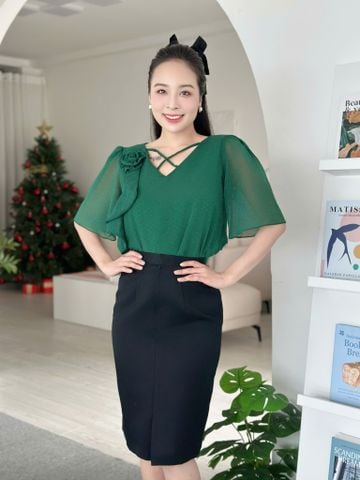  Áo kiểu công sở cổ tim bông hồng bèo thời trang Eden - ASM258 