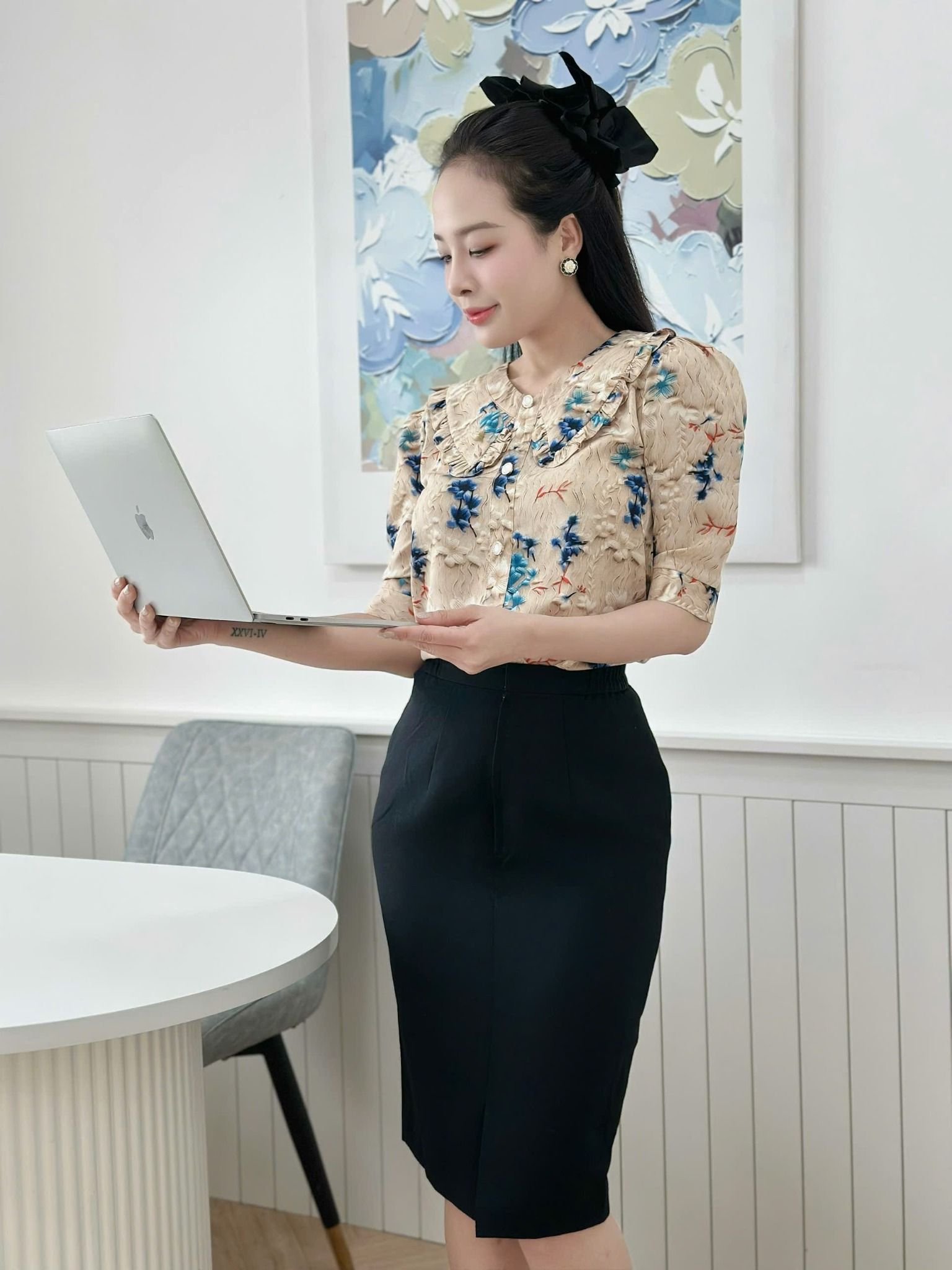 Áo kiểu công sở cổ tim sen bèo thời trang Eden - ASM256