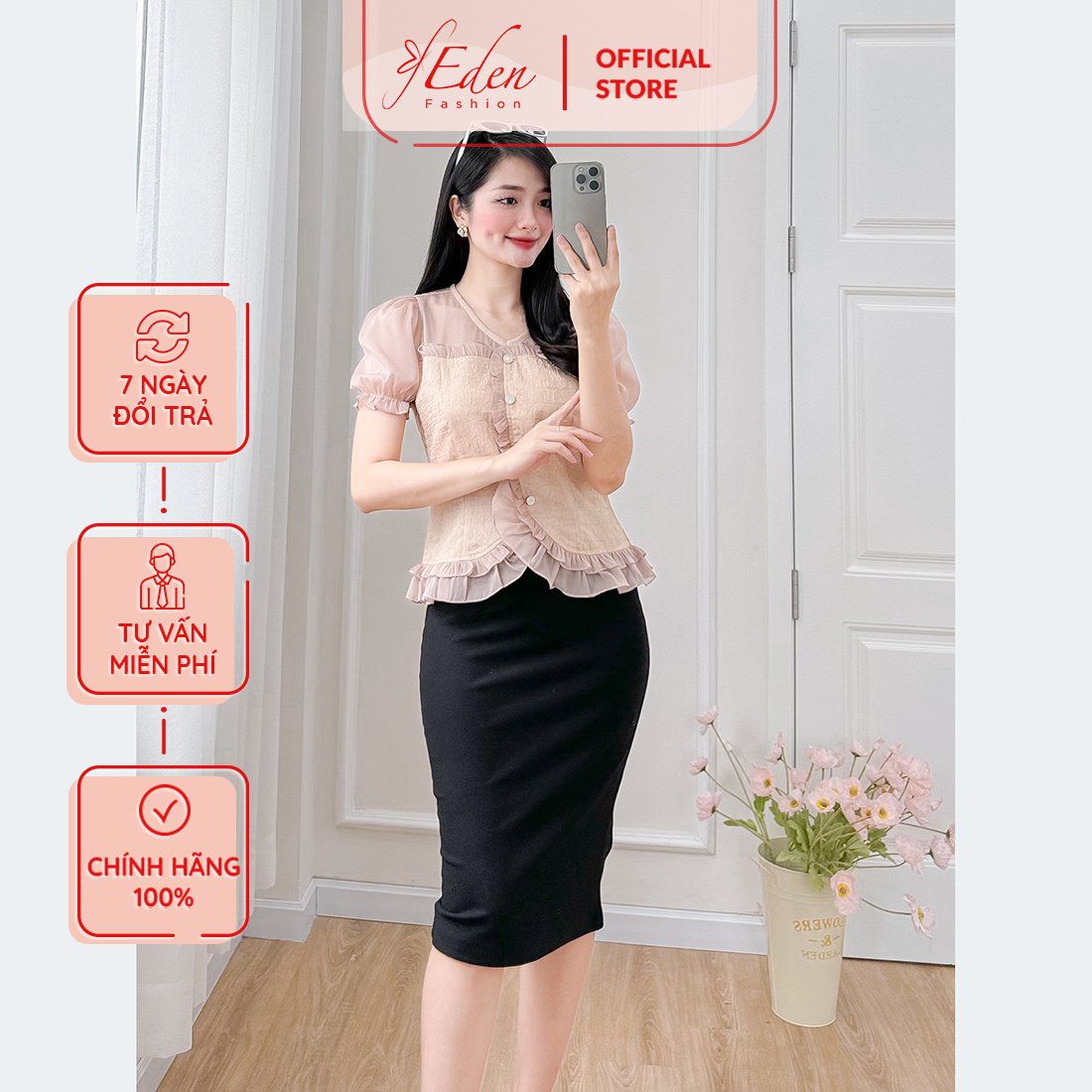 Áo kiểu công sở cổ tim tay phồng thời trang Eden - ASM243