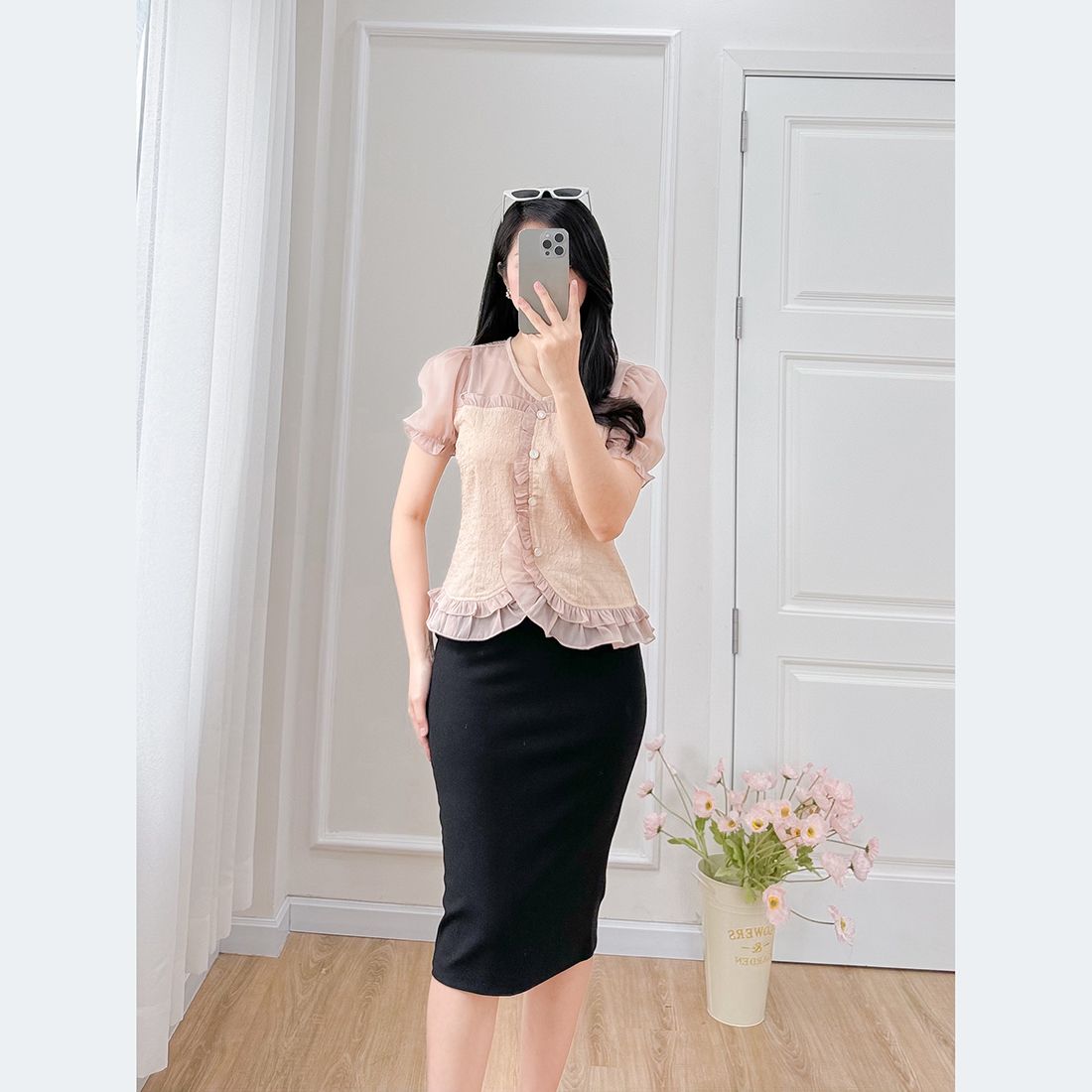 Áo kiểu công sở cổ tim tay phồng thời trang Eden - ASM243