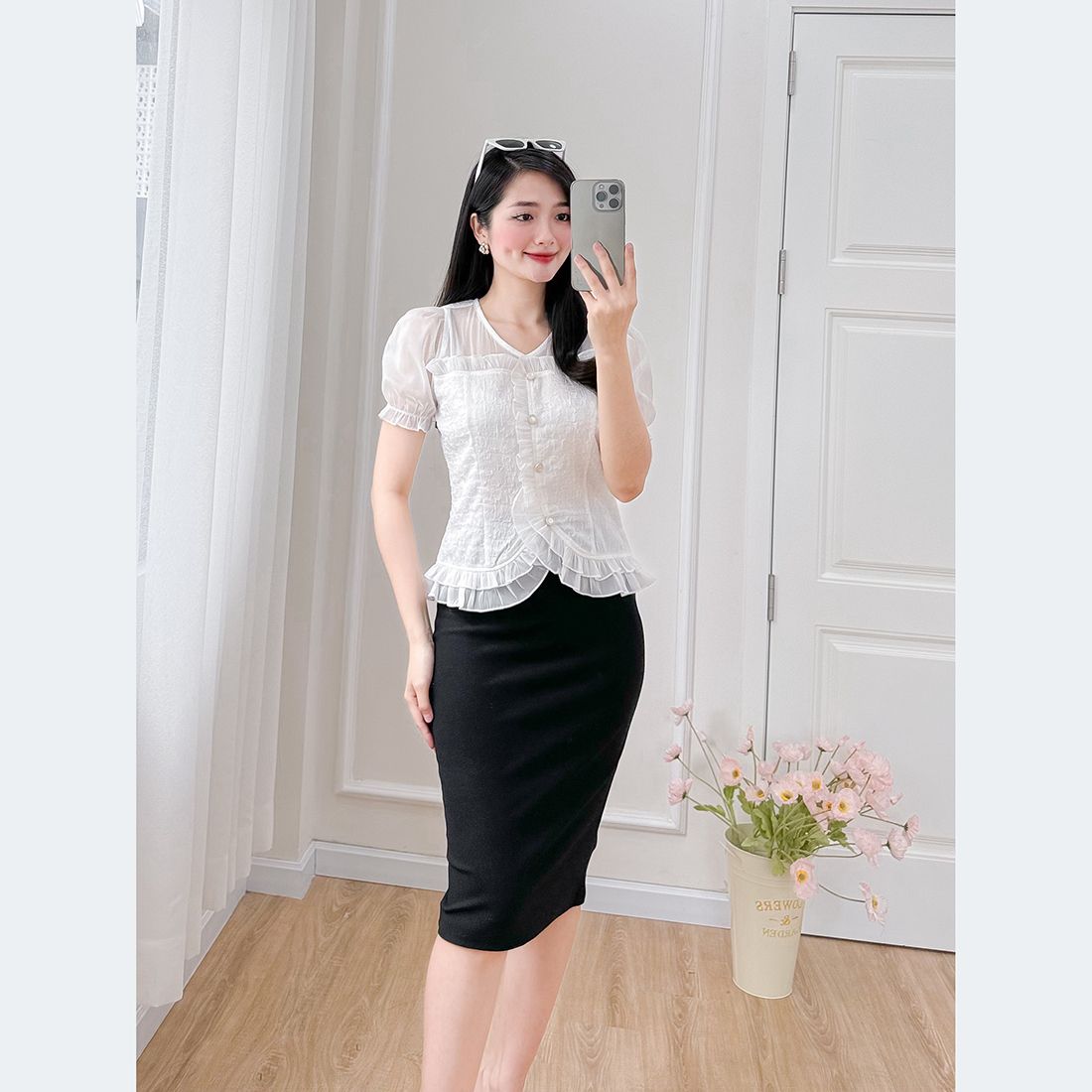 Áo kiểu công sở cổ tim tay phồng thời trang Eden - ASM243