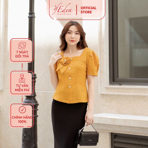  Áo kiểu công sở cổ vuông phối hoa thời trang Eden - ASM216 