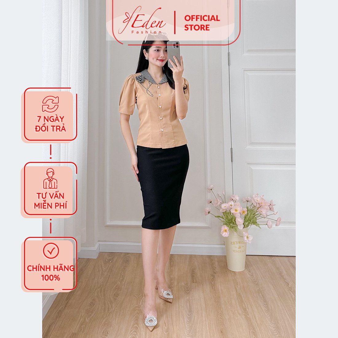 Áo kiểu công sở tay ngắn cổ v phối màu - ASM240