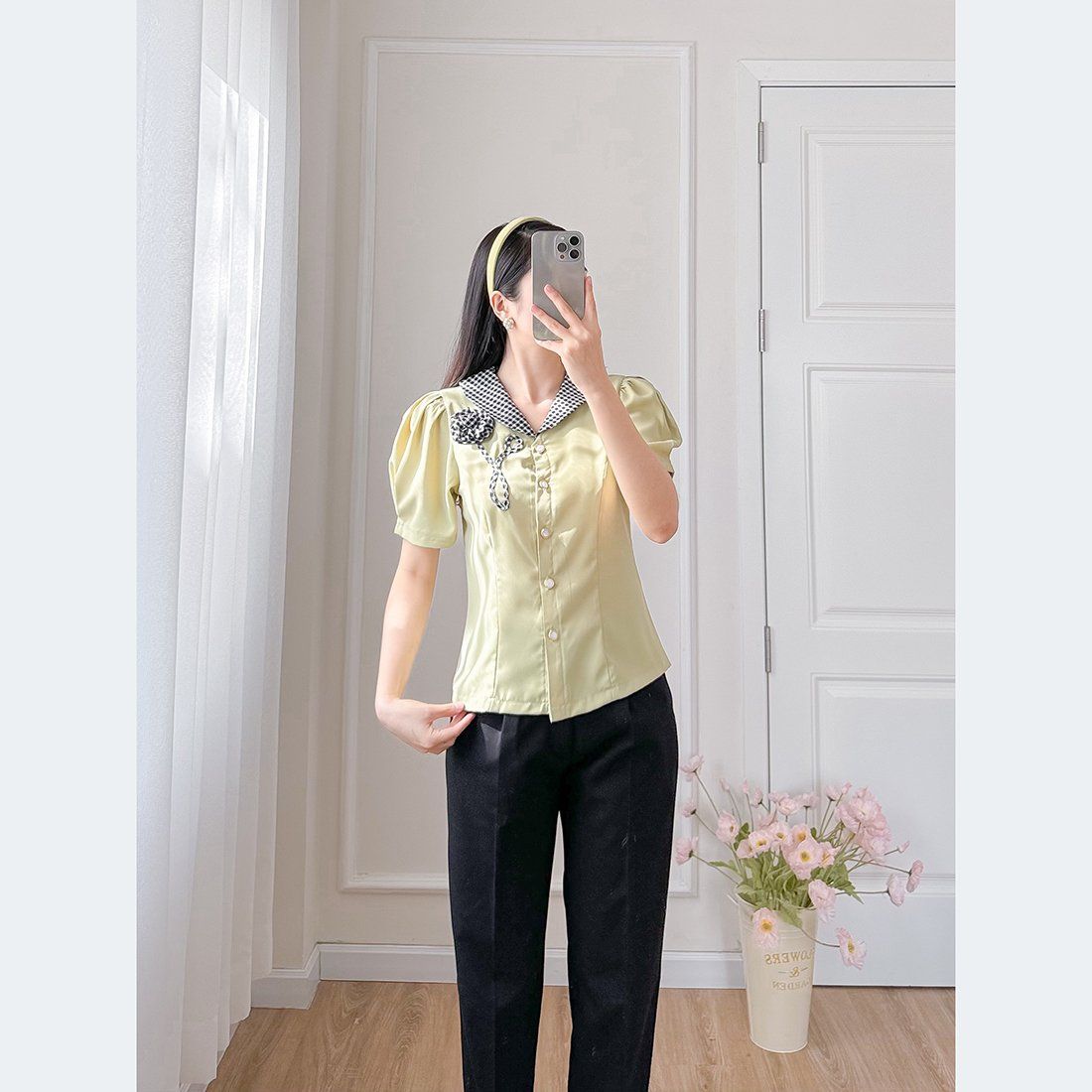 Áo kiểu công sở tay ngắn cổ v phối màu - ASM240